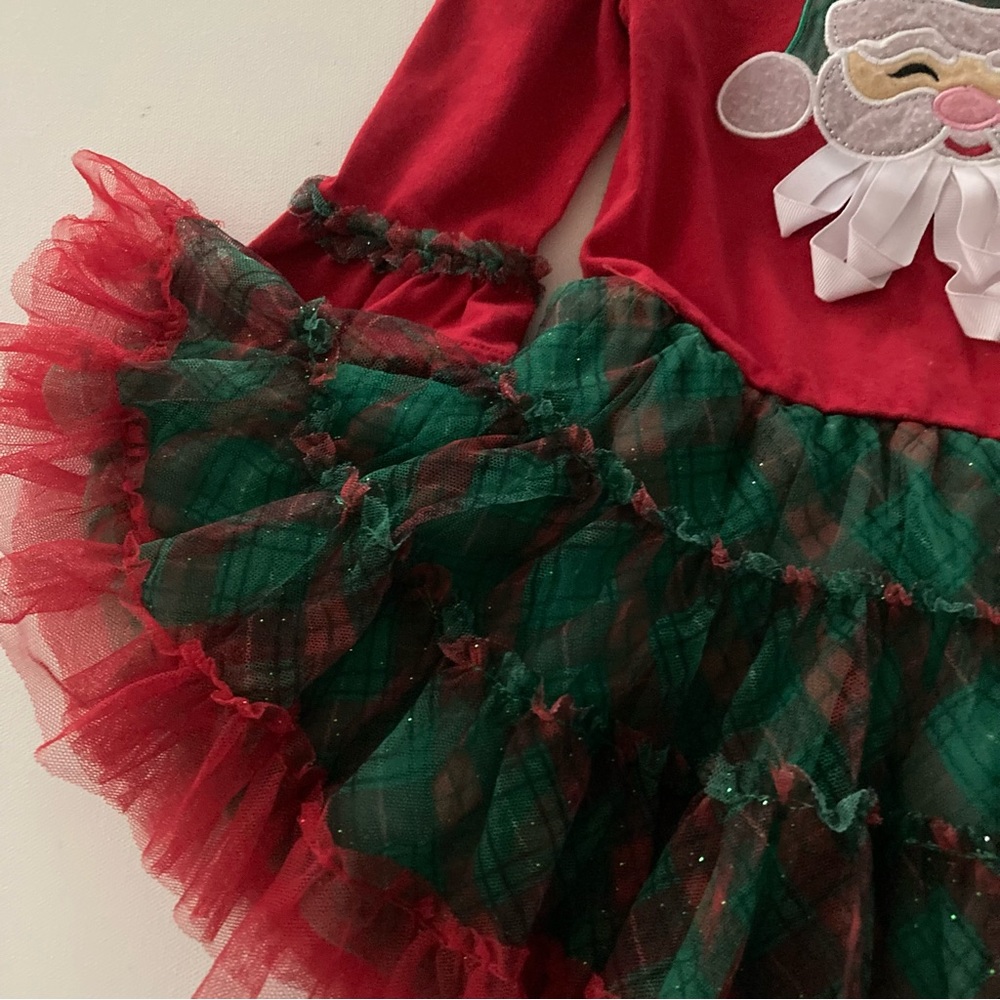 Holiday Christmas 2T Toddler Girl Santa Red Green Sparkle Tulle Dress - Picture 8 of 11